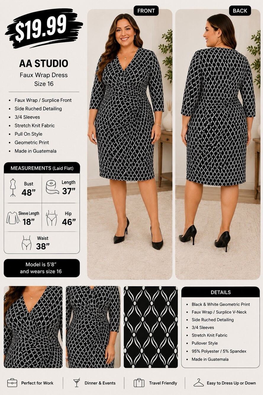 AA Studio Size 16 Black White Geometric Faux Wrap Dress 3/4 Sleeve Ruched